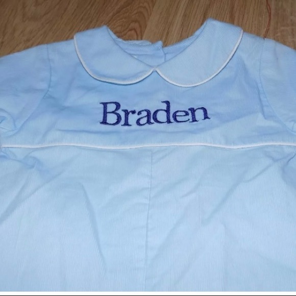Size 3 Months Petit Ami Light Blue Corduroy One-Piece Romper BRADEN Embroidered - Picture 2 of 5